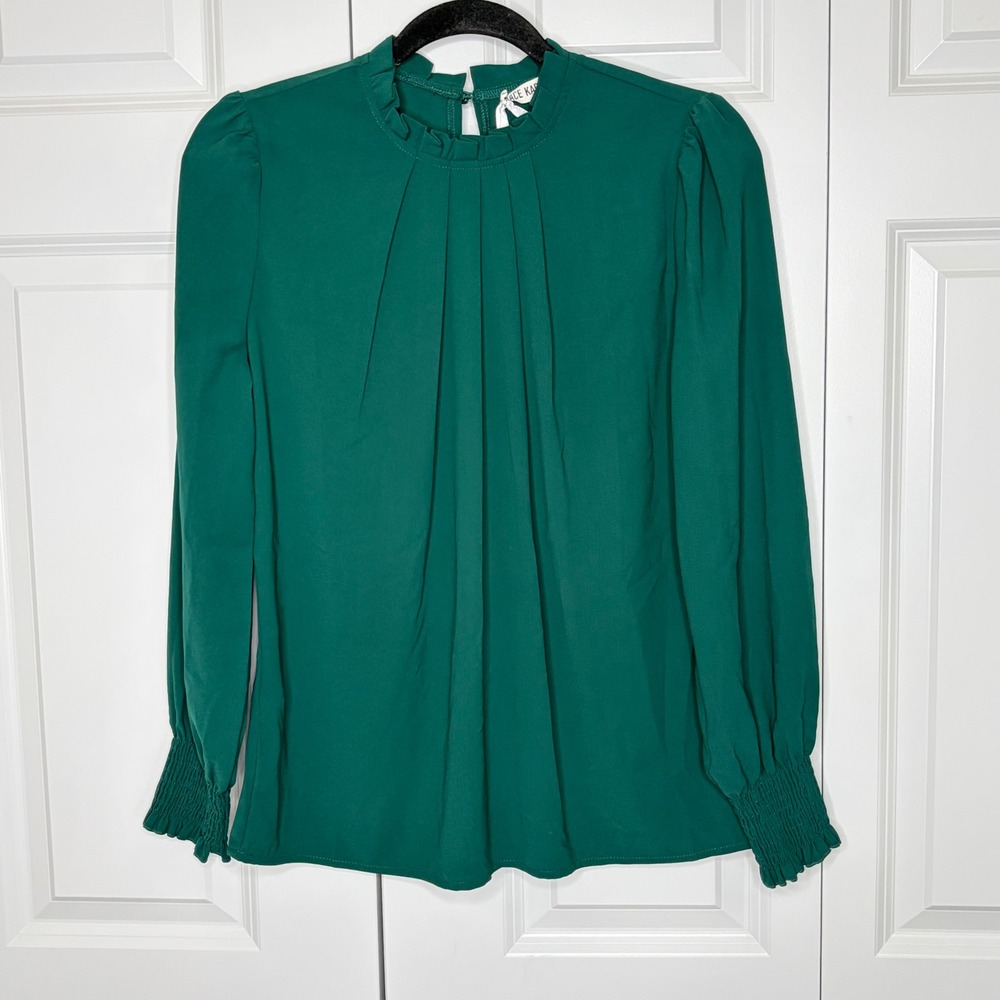 Grace Karin Emerald Green Ruffle Neck Blouse Small Smocked Cuff NWT - Picture 2 of 13